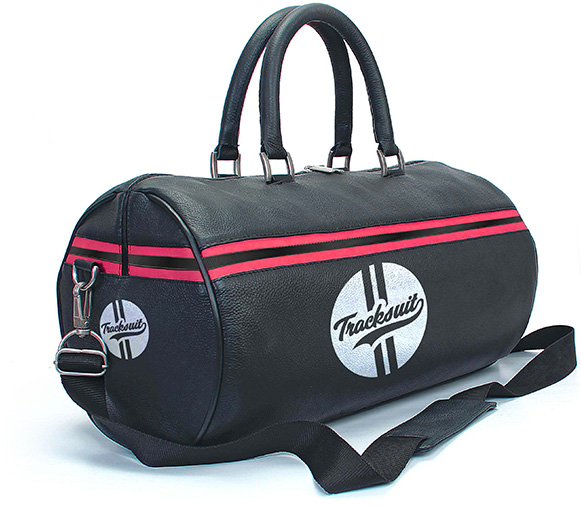 Black duffle bag with the Tracksuit logo